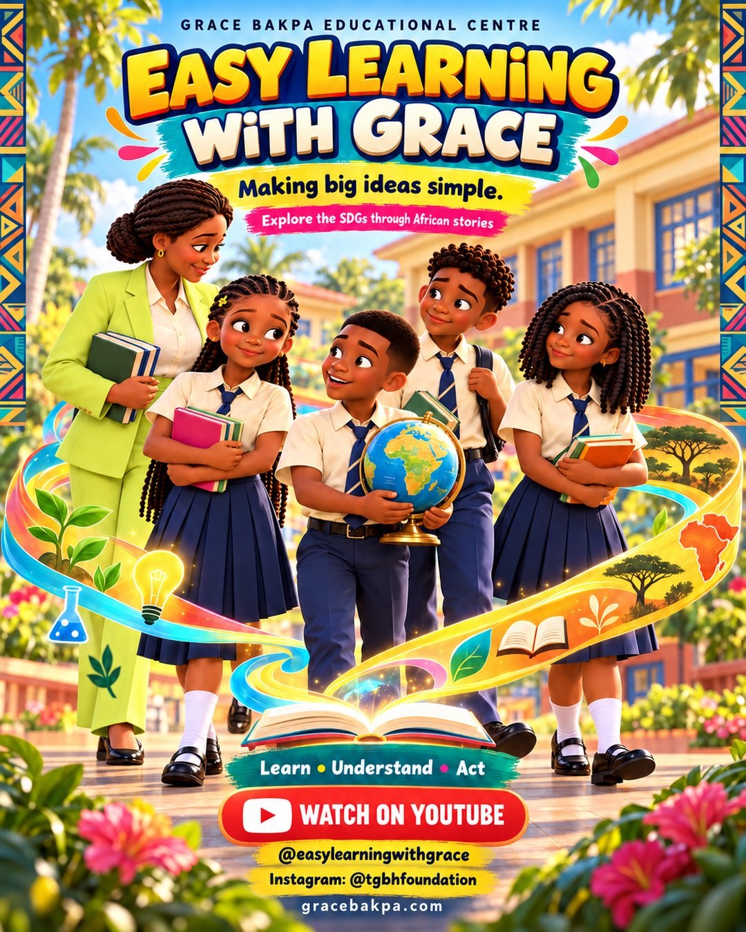 Colourful Easy Learning with Grace series poster featuring Efemena, Bọ̀dé, Emeka, Egba and Mrs Okoro; YouTube @easylearningwithgrace and Instagram @tgbhfoundation.