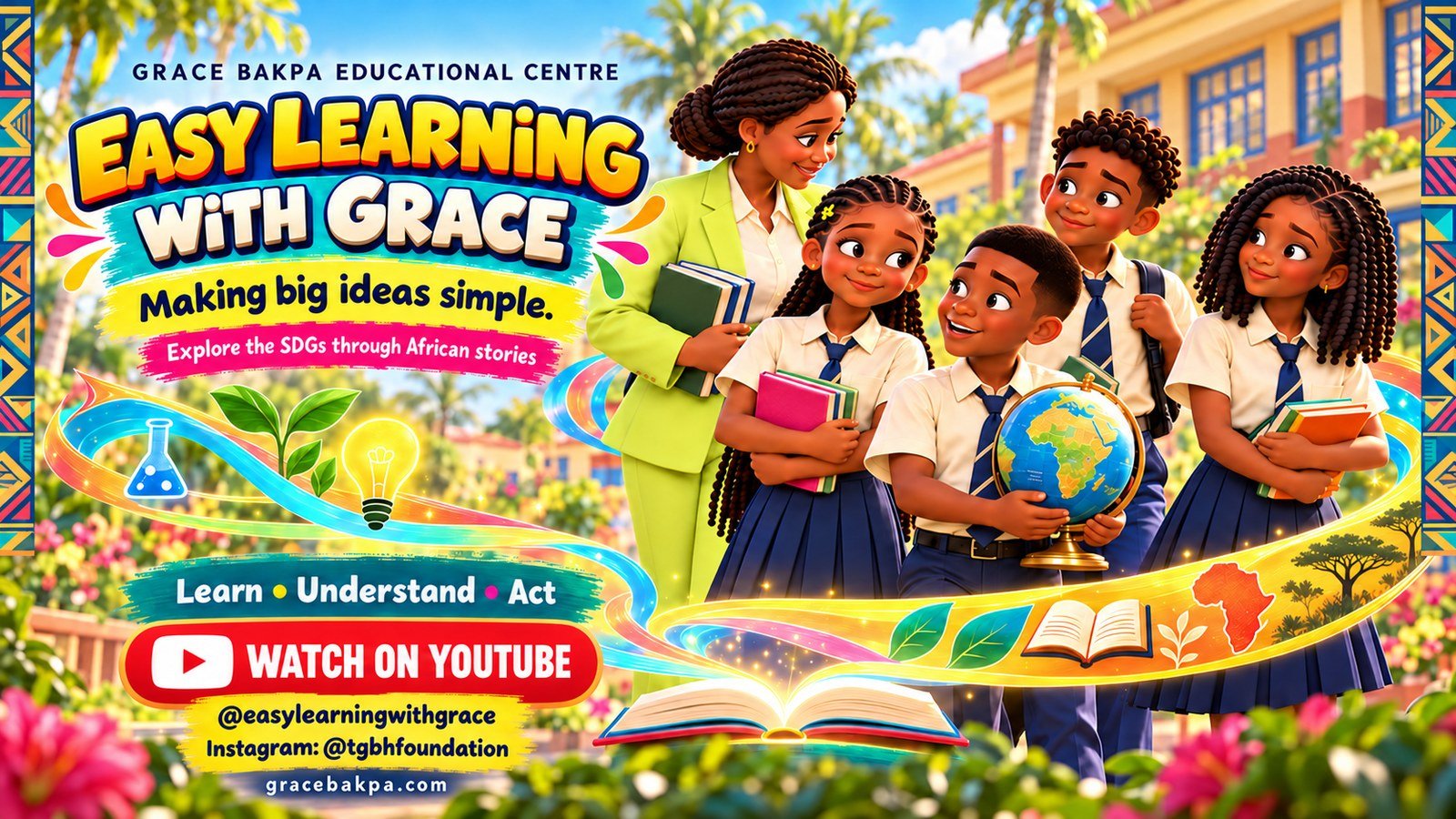 Easy Learning with Grace: Efemena, Bọ̀dé, Emeka, Egba and Mrs Okoro in a colourful school scene with books and a globe.